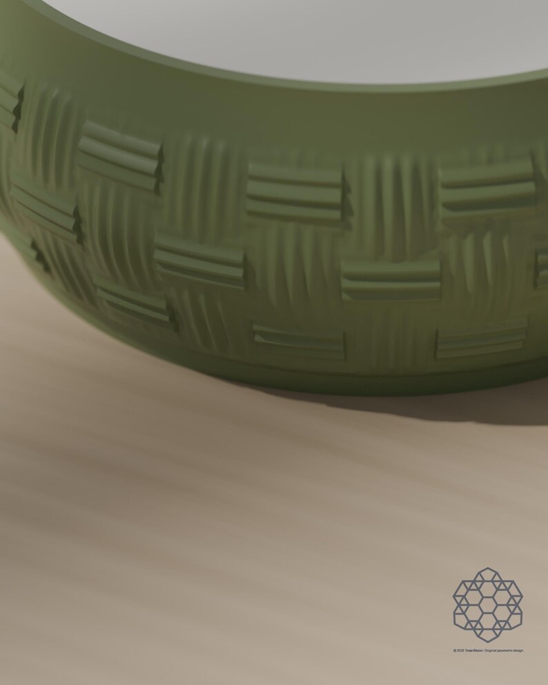 Close-up of the basket weave texture: grooved strands pass over and under like wicker. 3D-rendered visualization of the exact print file.