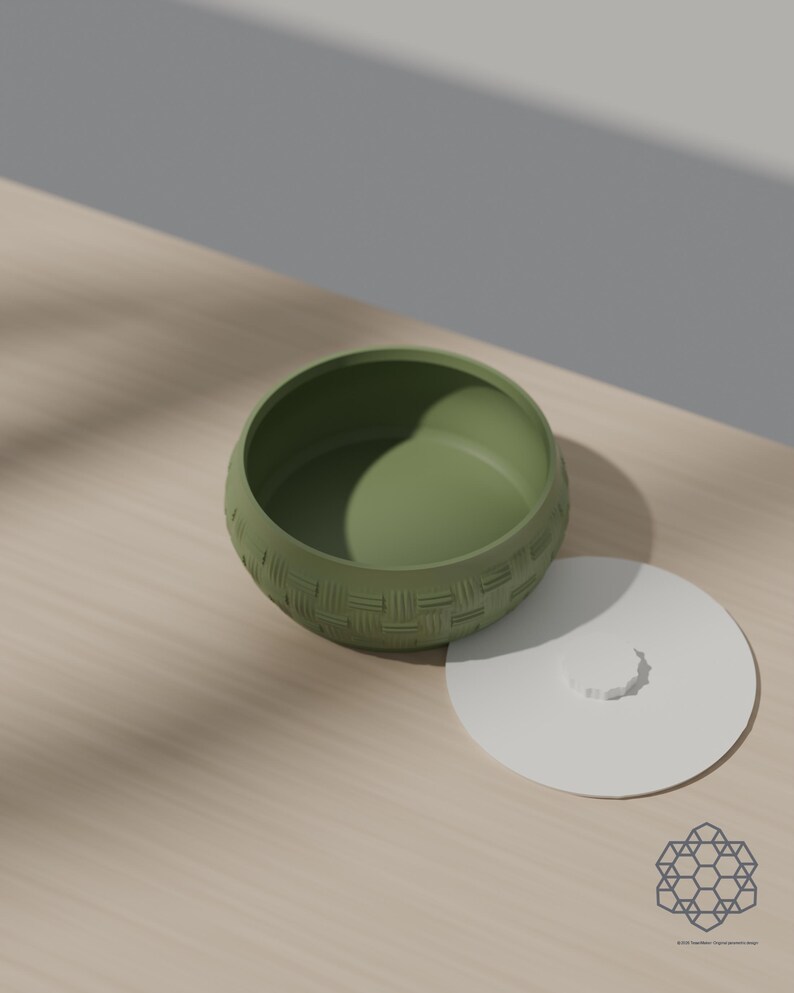 Lid off: the matcha green woven bowl shows its smooth rounded interior, with the white lid lying beside it. 3D-rendered visualization of the exact print file.