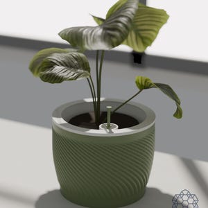 Matcha green Aquapot self watering planter with a leafy houseplant on a pale windowsill in daylight, the spiral ridged wall and white soil insert in view. Images include 3D-rendered visualizations of the exact print files.