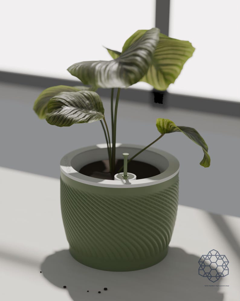 Matcha green Aquapot self watering planter with a leafy houseplant on a pale windowsill in daylight, the spiral ridged wall and white soil insert in view. Images include 3D-rendered visualizations of the exact print files.