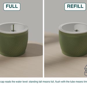 Two labelled renders side by side: FULL shows the float cap standing tall above the fill tube, REFILL shows it sitting flush, so you can read the water level at a glance. Images include 3D-rendered visualizations of the exact print files.