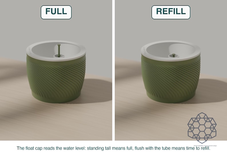 Two labelled renders side by side: FULL shows the float cap standing tall above the fill tube, REFILL shows it sitting flush, so you can read the water level at a glance. Images include 3D-rendered visualizations of the exact print files.
