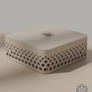 May include: A square, light beige storage box with a flat lid and a small central knob. The sides feature a perforated pattern of circular cutouts that vary in size, creating a gradient effect from larger holes at the bottom to smaller ones.