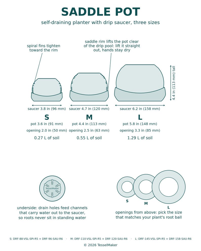 Diagram of the three Saddle Pot sizes with saucer, pot, and opening measurements