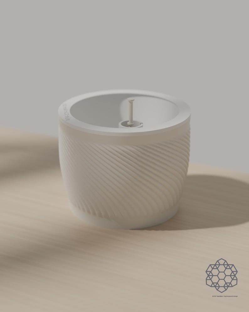 The Aquapot self watering planter in alabaster off-white, its spiral ridged wall lit from the side, with the soil insert and float cap in place on a wooden table. Images include 3D-rendered visualizations of the exact print files.