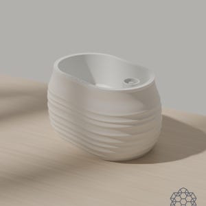 Aquaoval self-watering planter in alabaster white, oblong shape with a hand-wandered horizontal ridge texture. Images include 3D-rendered visualizations of the exact print files.