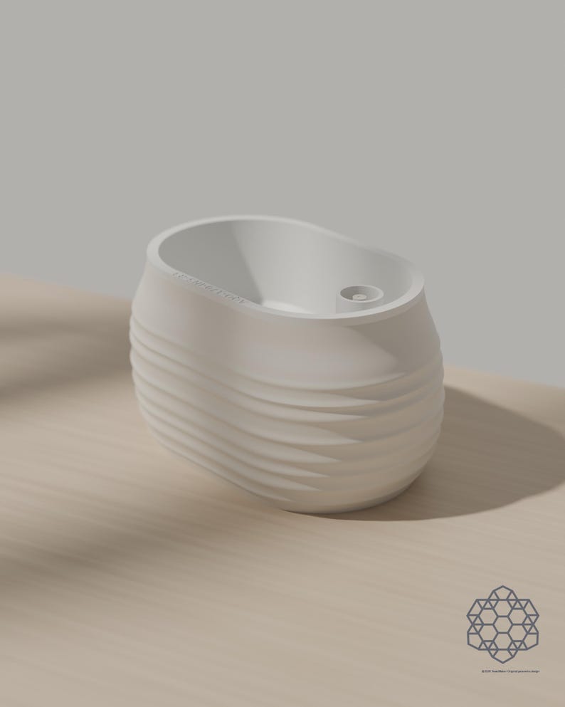Aquaoval self-watering planter in alabaster white, oblong shape with a hand-wandered horizontal ridge texture. Images include 3D-rendered visualizations of the exact print files.