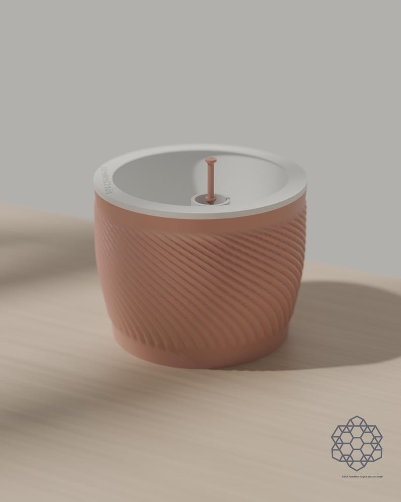 The Aquapot self watering planter in peach pink, its spiral ridged wall catching soft light, with the white soil insert and the float cap in the fill tube on a wooden table. Images include 3D-rendered visualizations of the exact print files.