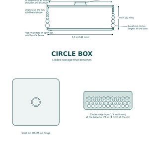 May include: A technical diagram of a Circle Box lidded storage container. Features include a 5.3 inch inside diameter, 5.5 inch total width, and 2.0 inch height. The design shows a solid lift-off lid, a center knob, and side breathing circles.