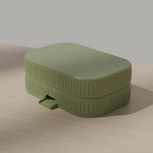 May include: A rectangular olive green storage box with rounded corners and a ribbed texture along the sides. The container features a flat lid and a small, protruding tab on the front edge for opening, showcasing a clean and functional design.