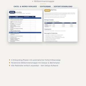 May include: An onboarding checklist and welcome folder template set in Excel and Word formats. The documents feature structured tables for tasks, contact information, and organizational charts with placeholders for new employee details.