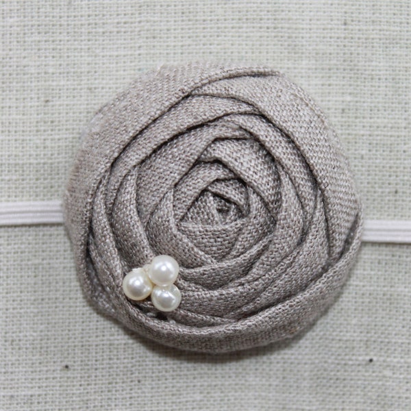 Petite Linen Rosette Baby Flower Headband, Newborn Headband. Baby Girl Flower Headband, Photography Prop