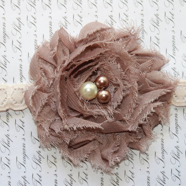 Vintage Taupe Lace Baby Flower Headband, Newborn Headband, Baby Girl Flower Headband, Photography Prop