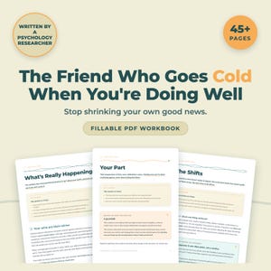 Może przedstawiać: Wypełnialny skoroszyt PDF zatytułowany The Friend Who Goes Cold When You're Doing Well, zawierający ponad 45 stron napisanych przez badacza psychologii. Okładka zawiera podtytuł Stop shrinking your own good news oraz trzy strony.