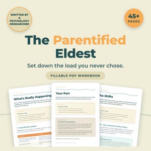 May include: A 45+ page fillable PDF workbook titled The Parentified Eldest: Set down the load you never chose. The cover features dark green and orange text on a light background, with three sample pages showing headers like What's Really Happening, Your Part, and The Shifts.