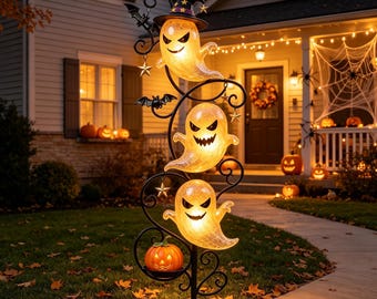 Lighted Ghost Pumpkin Metal Garden Stake | Halloween LED Yard Pathway Decor | Front Lawn Porch Holiday Decoration