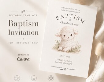 Modèle d'invitation de baptême, invitation pour le baptême d'un agneau, invitation Canva modifiable