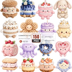 Puede incluir: Una colección de 150 ilustraciones digitales con personajes antropomórficos de textura de fieltro, incluyendo pasteles, galletas, un conejo y una dona. La imagen incluye el texto Commercial Use, 150 PNG, 5000x5000 PX, Instant Download, 300 DPI.