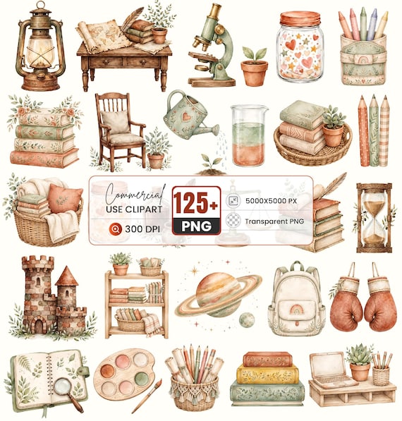 Boho Classroom Clipart, Back to School PNG, Teacher Clipart, Boho Nursery Wall Art, Classroom Decor, School Supplies PNG Bundle