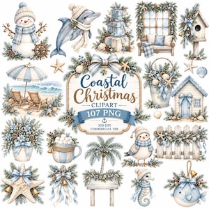 Könnte beinhalten: Eine digitale Sammlung von Coastal Christmas Clipart mit Schneemann, Delfin, Strand, Geschenken, Vogelhaus, Eimer, Palme und Meeresbewohnern, verziert mit blauen Schleifen, Tannenzweigen und Glocken, inklusive dem Text Coastal Christmas.