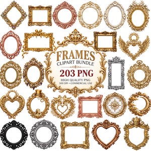 Guldram Clipart-paket, fotoram PNG, utsmyckade vintageramar, silver- och träramar, gotisk dödskalle Clipart, 203 PNG