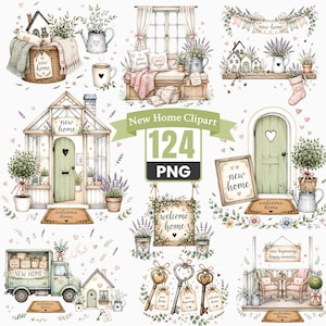 Peut inclure: Une collection numérique de 124 illustrations clipart style aquarelle sur le thème du nouveau foyer. Les éléments incluent des maisons, des portes vertes, des camions de déménagement, des clés, des pots de lavande, des paillassons et des panneaux.