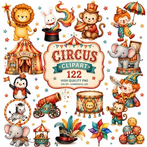 Pode incluir: Uma coleção digital de ilustrações de circo com leão, coelho na cartola, macaco, palhaço, elefante, pinguim, zebra, canhão, tambor e cartola. O texto central diz CIRCUS CLIPART 122 HIGH QUALITY PNG 300 DPI COMMERCIAL USE.