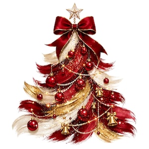 May include: A stylised Christmas tree illustration featuring bold, textured brushstrokes in deep red and metallic gold. The tree is adorned with shiny red spherical ornaments, gold bell decorations, and draped strings of white pearls, topped with a gold star.
