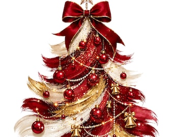 May include: A stylized Christmas tree illustration featuring bold, textured brushstrokes in deep red and metallic gold. The tree is adorned with shiny red spherical ornaments, gold bell decorations, and draped strings of white pearls, topped with a gold star.