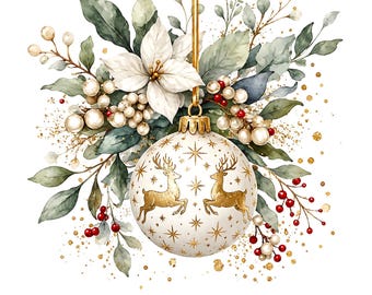 Puede incluir: Un adorno navideño esférico de color blanco con dos renos dorados y motivos de estrellas, suspendido por un cordón dorado. Está rodeado de flores de pascua blancas, hojas verdes, racimos de bayas blancas y rojas y detalles de purpurina dorada.