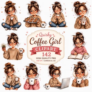 Puede incluir: Una colección digital de ilustraciones de una chica con diadema de leopardo, gafas y suéter, en varias poses con tazas de café, galletas, un portátil y un libro. El texto central dice: Quirky Coffee Girl CLIPART 142.
