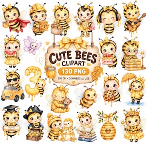 May include: A collection of cartoon bee illustrations featuring various characters with yellow and black stripes, wings, and bows. A central wooden sign displays the text CUTE BEES CLIPART 130 PNG 300 DPI COMMERCIAL USE, surrounded by bees with honey, books, and food.