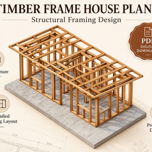 Könnte beinhalten: Holzrahmenhaus-Pläne mit strukturellem Rahmendesign, 3D-Strukturansicht, Materialliste, detailliertem Rahmenlayout und professionellen Zeichnungen. Der digitale Download enthält ein PDF-Symbol und technische Architekturdiagramme.