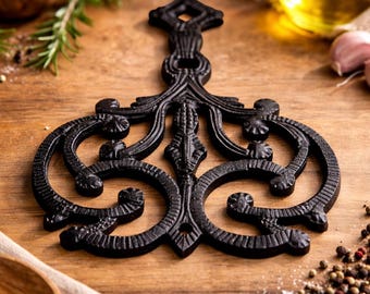 Vintage Cast Iron Trivet • Ornate Scrollwork Design • Black Wall Hanging or Hot Plate • 8.5x6”