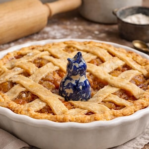 May include: A baked apple pie with a lattice crust in a white ceramic pie dish. A blue and white ceramic pie bird is in the center of the pie. A wooden rolling pin and other baking supplies are in the background.