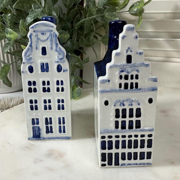 Vintage Delft Blue Canal Houses Pair  Holland Dutch Ceramic Blue White Shelf Decor