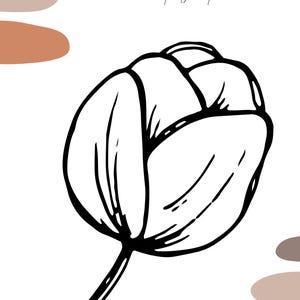 Puede incluir: Una ilustración de arte lineal en blanco y negro de una flor de tulipán centrada sobre un fondo blanco. El texto dice: Querer ser otra persona es malgastar la persona que eres. Marilyn Monroe. Hay tres formas abstractas terracota y grises.
