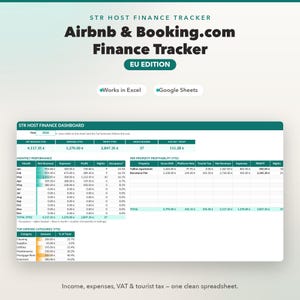 Könnte beinhalten: Eine digitale Finanz-Tracker-Tabelle für Airbnb- und Booking.com-Gastgeber, EU-Ausgabe. Das Dashboard zeigt ein STR Host Finance Dashboard mit Tabellen für monatliche Leistung, Rentabilität pro Immobilie und Ausgabenkategorien in Euro.