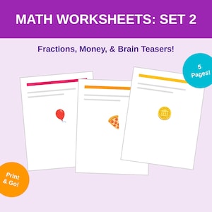 1st & 2nd Grade Math Worksheets | Fractions, Time, Money, Subtraction | 5 Double-Sided Pages PDF