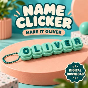 Può includere: Un giocattolo a scatto in plastica verde chiaro con il nome OLIVER in lettere verde scuro su singoli pulsanti quadrati. Il giocattolo include una piccola catenella a sfere verde scuro fissata a un'estremità. Il testo NAME CLICKER MAKE IT OLIVER è visibile.