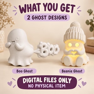 Puede incluir: Dos figuras de fantasmas blancos. El fantasma de la izquierda guiña un ojo y emite una nube con la forma de la palabra 'Boo'. El de la derecha lleva un gorro de punto, forma un corazón con las manos y está iluminado. Texto: 'WHAT YOU GET 2 GHOST DESIGNS' y 'DIGITAL FILES ONLY NO PHYSICAL ITEM'.
