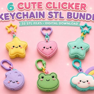 Op de afbeelding: Een digitaal downloadpakket van 6 clicker-sleutelhangers met 33 STL-bestanden. De ontwerpen bevatten een gele ster, roze hart, turquoise ster, paarse maan, groene kikker en een witte wolk met een regenboog, allemaal met vrolijke gezichtjes.