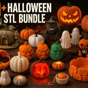 Op de afbeelding: Een verzameling van 21+ digitale STL-bestanden met Halloween-thema, inclusief diverse pompoenen, geesten en decoratieve items. De set bevat uitgesneden pompoenlantaarns, pompoenen met textuur, een pompoenhuisje en een schaal met pompoenmotieven.