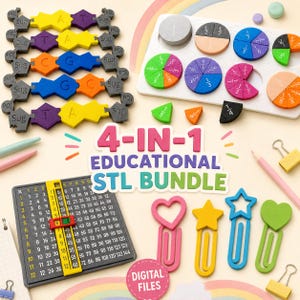 Peut inclure: Un ensemble éducatif 4-en-1 de fichiers STL comprenant un modèle d'ADN avec des bases azotées étiquetées, un jeu de fractions circulaires sur plateau blanc, une table de multiplication avec curseur jaune et quatre trombones colorés.