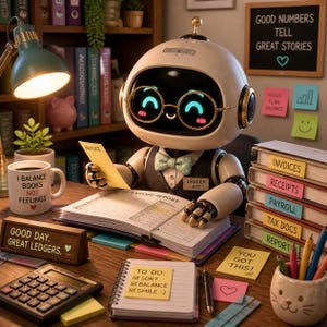 Puede incluir: Un robot blanco redondo con gafas de montura dorada y una pajarita verde de lunares está sentado en un escritorio. El robot sostiene una factura sobre un libro de contabilidad abierto. El escritorio incluye una calculadora, una taza con la etiqueta I BALANCE BOOKS NOT FEELINGS y un letrero que dice GOOD DAY. GREAT LEDGERS.