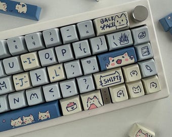 Cute Blue Cat Keycap Set - Lofi Cat Keycap set for Mechanical Keyboard, MAO profile, PBT material