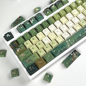 Cute Green Keycap Set - Floral Nature Keycaps For Mechanical keyboard, Cherry Profill, Aesthetic Lofi Keyboard Setup