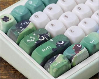 Forest Cat Theme Keycap Set - Cute Black Cat Keycaps for Mechanical Keyboard, Mao Profile, Kawaii Gaming Decor