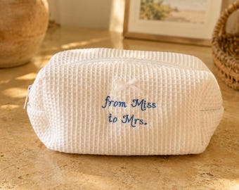 Embroidered "From Miss to Mrs." Cosmetic Bag | Bridal Waffle-Texture Makeup Pouch
