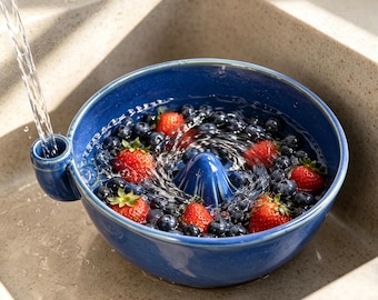 Handmade Ceramic Vortex Berry Washing Bowl with Side Water Inlet | Fruit Rinsing Colander, Produce Washer, Unique Housewarming Kitchen Gift